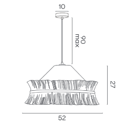 Dessin technique de la suspension ALOHA avec ces dimensions 52 cm de diamètre, 27 cm de hauteur et un câble allant jusque 90 cm.