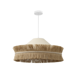 Suspension décorative en sisal et jute double frange, bandeau tissé effet dentelle.