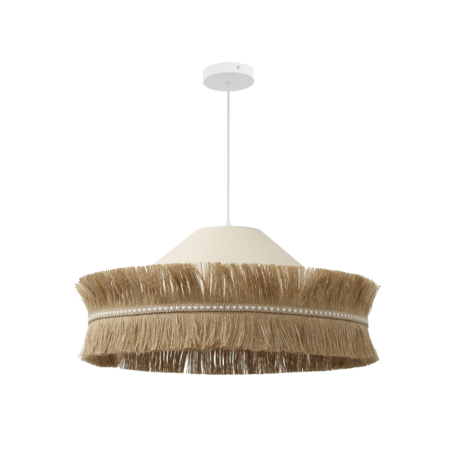 Suspension décorative en sisal et jute double frange, bandeau tissé effet dentelle.
