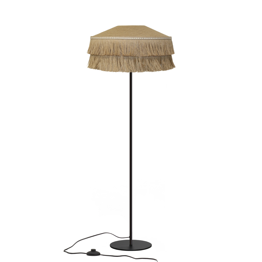 Lampadaire en fibres naturelles avec double frange et bandeau décoratif style intérieur naturel bohème.