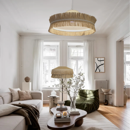 Lampadaire décoratif en sisal naturel tressé et double frange en jute - Sinaya luminaires